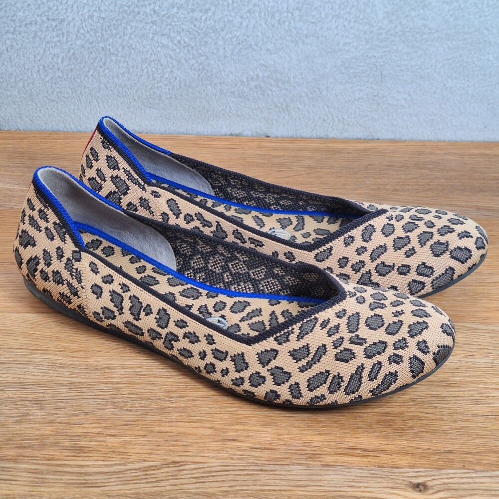 Rothy's The Flat Women's 8 Round Toe Ballet Flats Tan Leopard Print Knit Retired